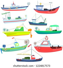 Sea fishing vessels and boats. Sea ships for fishing seafood.