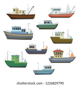 Sea fishing vessels and boats. Sea ships for fishing seafood.