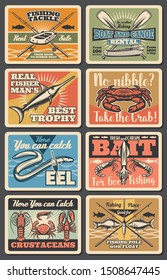 Sea fishing vintage posters, big fish catch and fisherman tackles store. Vector wood or rubber boat and canoe rental, baits and lures sale for squid, crab and shrimps or eel and carp fishing