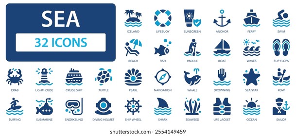 Sea flat icons collection. Summer, ocean, water, fish, vacation, underwater, island, tour, climate, contamination, tourism, anchor, wave, ship sign set.