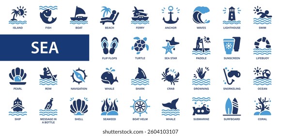Sea flat icons set. Summer, ocean, water, fish, vacation, underwater, island, tour, climate, contamination, tourism, anchor, wave, ship icons and more signs. Flat icon collection.