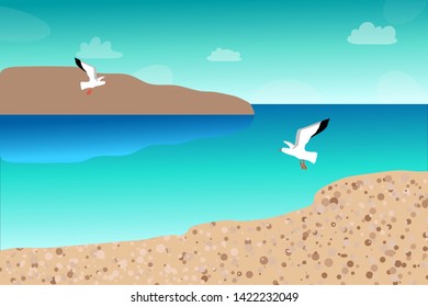 
Sea flat landscape. Sea, beach, seagulls, mountains, clouds