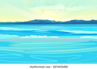 Sea. Flat style illustration. On the horizon there is a rocky coast with mountains. Sunrise with rays and clouds. Cartoon. Vector,