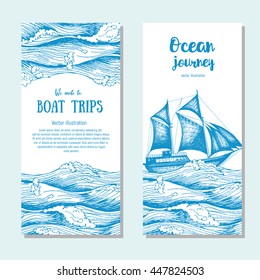 Sea flyer set. Vector vertical banner collection. Illustration drawn in ink.