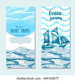 Sea flyer set. Vector vertical banner collection. Illustration drawn in ink.