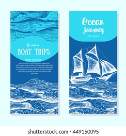 Sea flyer set. Vector vertical banner collection. Illustration drawn in ink.