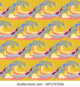 Sea foam, waves ocean, nautical seamless vector pattern.  Square surface design foe fabric, wallpaper, wrap. Pink, yellow, blue colors. EPS 10