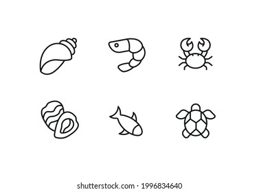 Sea food, sea animals, shell, shrimp, crab, oyster, fish, turtle  simple thin line icon vector illustration