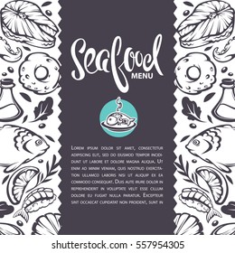 sea food background, vector template design for your menu, with lettering composition