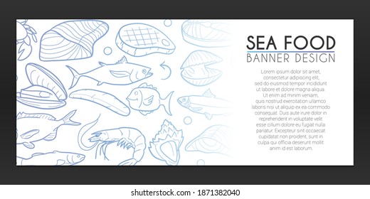 Pancarta de comida marina. Trato de la mano de fondo de Ocean Animals. Ilustración de peces. Diseño horizontal de vectores marítimos.