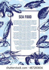 Sea food banner or  flyer. Good as a template of advertisement, menu card brochure and invitation. Vector illustration in sketch hand drawing style, for cuisine business design