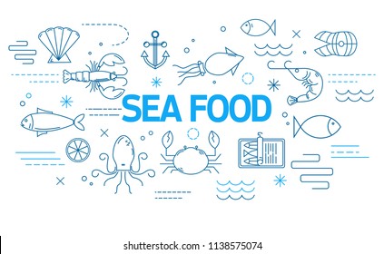 Sea Food Banner In Modern Style With Thin Line Icons. Restaurant Menu Template