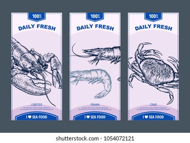 Sea food banners set. Hand drawn sea animals. Template for your design works. vector illustration.