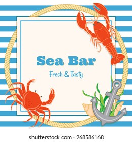 sea food bar menu template with images of lobster. crab, anchor, rope, sea shells and sea weed