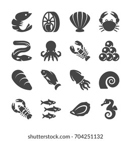 Sea food black silhouette vector icons. Sea food fish, seafood lobster and shrimp illustration