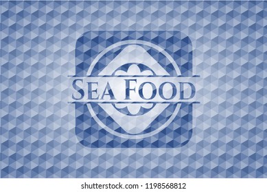 Sea Food blue emblem or badge with abstract geometric polygonal pattern background.
