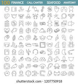 Sea food. Call center service. Banking and finance. Human anatony line icons set