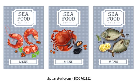 Sea food cards Vector realistic. Layout Template with crabs, fish, shrimps and caviars