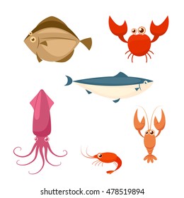 Sea food cartoon icon set. crab lobster shrimp squid 
salmon flounder