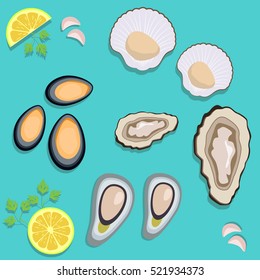 Sea food clam set, clam, oyster, scallops and mussel.