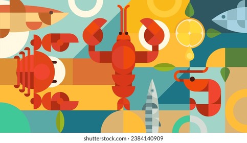 Sea food in color flat minimal style. Geometric abstract background. Shrimp, crab, lobster, fish. Creative composition design banner. Bright bauhaus graphic design. Vector illustration.