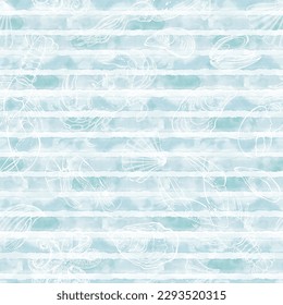 Sea food, delicacies. Seamless vector pattern on blue watercolor background.  Perfect for wallpaper, wrapping, fabric and textile. 