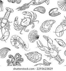 Sea food, delicacies. Seamless vector pattern. Black and white. Perfect for wallpaper, wrapping, fabric and textile. 