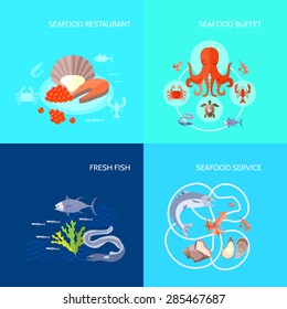 Sea food design concept set with fresh fish buffet and restaurant flat icons isolated vector illustration