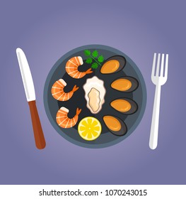 Sea food dish with shrimps, oyster, mussels and lemon lie on plate top view.  Healthy nutrition concept. Vector flat graphic design isolated icon element illustration