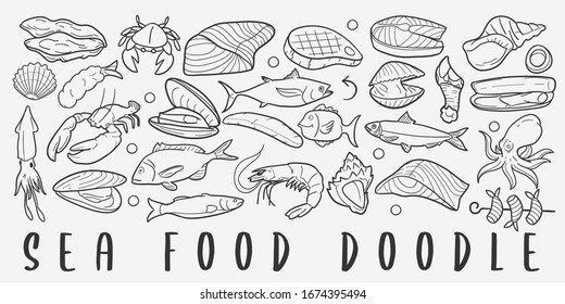 Sea Food Doodle Line Art Illustration. Hand Drawn Vector Clip Art. Banner Set Logos.