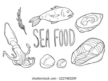 Sea Food Doodle Line Art Illustration. Hand Drawn Vector Clip Art. Banner Set Logos.