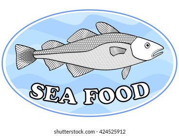 Sea food emblem with a cod on light blue wavy background in oval shape, useful as signboard for fish restaurant