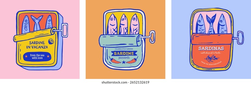 Sea food, fish, canned sardines fish, anchovy colorful vector illustrations for t shirt print, poster, stickers, menu and packaging design. Pastel color illustrations in retro, vintage style
