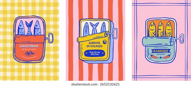 Sea food, fish, canned sardines fish, anchovy colorful vector illustrations for t shirt print, poster, stickers, menu and packaging design. Pastel color illustrations in retro, vintage style