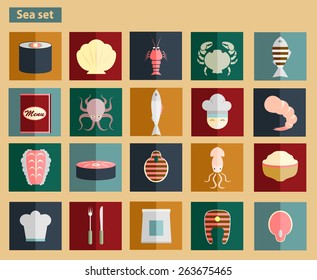 Sea food fish menu restaurant japanese delicacies flat decorative icons set vector illustration