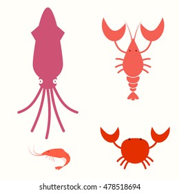 Sea food flat icon set. crab lobster shrimp squid