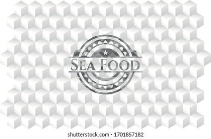 Sea Food grey emblem with cube white background