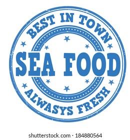 Sea food grunge rubber stamp on white, vector illustration