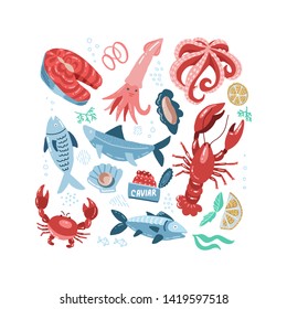 Sea Food Hand Drawn Doodle with Fish, Crab, lobster, caviar, salmon steak and Oyster. Vector illustration. Vector marine inhabitants collection in rough childish style