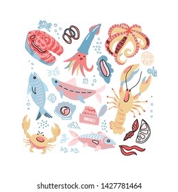 Sea Food Hand Drawn Doodle illustration in Scandinavian style with Fish, Crab, lobster, caviar, salmon steak and Oyster. Vector marine inhabitants collection in rough simple colors childish style.