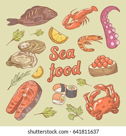 Sea Food Hand Drawn Doodle with Fish, Crab and Oyster. Vector illustration