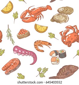 Sea Food Hand Drawn Seamless Pattern. Vector Background with Shrimp, Crab and Fish