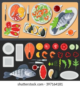 Sea Food. Healthy Eating. Prepared Fish with Vegetables. Seafood Menu. Vector illustration. Flat style