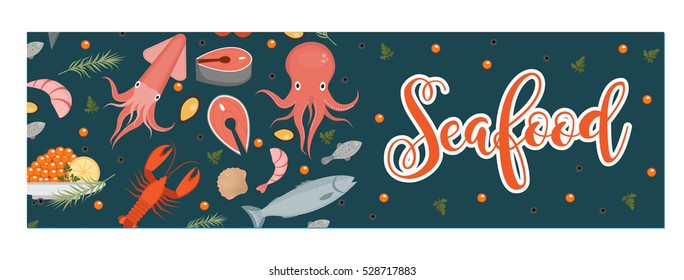 Sea food horizontal banner, flat style. Seafood template for your design. Underwater world, sea life. Vector illustration