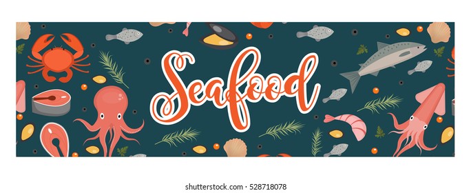 Sea food horizontal banner, flat style. Seafood template for your design. Underwater world, sea life. Vector illustration