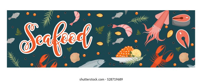 Sea food horizontal banner, flat style. Seafood template for your design. Underwater world, sea life. Vector illustration