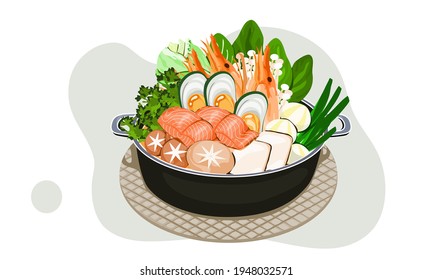 Sea food hot pot ingredients. Oyster, Salmon, lobster, tofu, mushroom, vegetables, and fishball in a pot. Isolated food vector illustration on white background.  