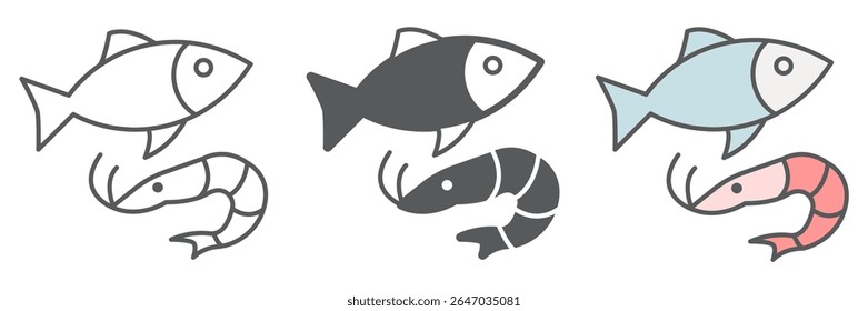 Sea food icon collection, fish and shrimp, seafood sign vector set graphics, editable stroke linear icon, eps 10
