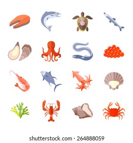 Sea food icon flat set with lobster salmon shrimp isolated vector illustration