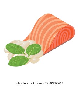 Sea food icon isometric vector. Red fish piece, mayonnaise strip and spinach icon. Food concept, healthy nutrition